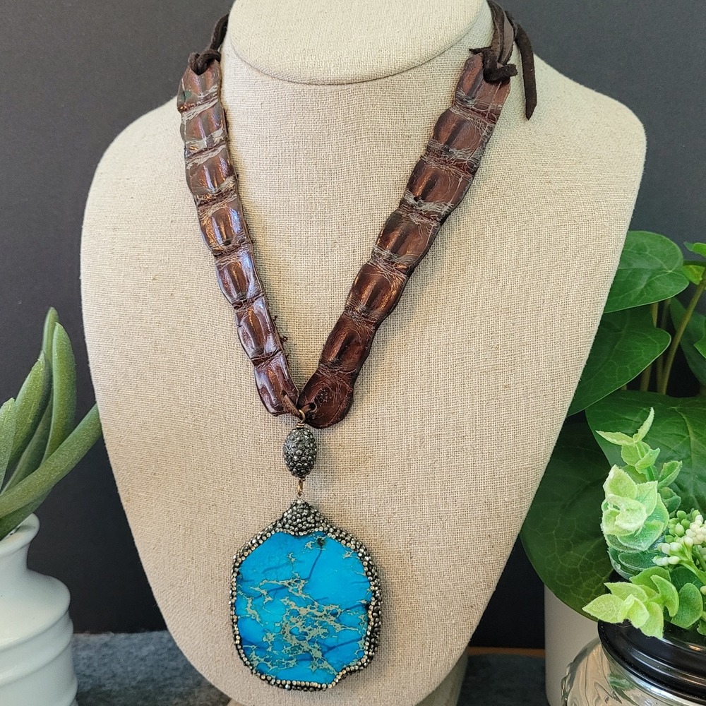 Artisan Reptile Leather Blue Jasper Pave Statement Necklace 23in